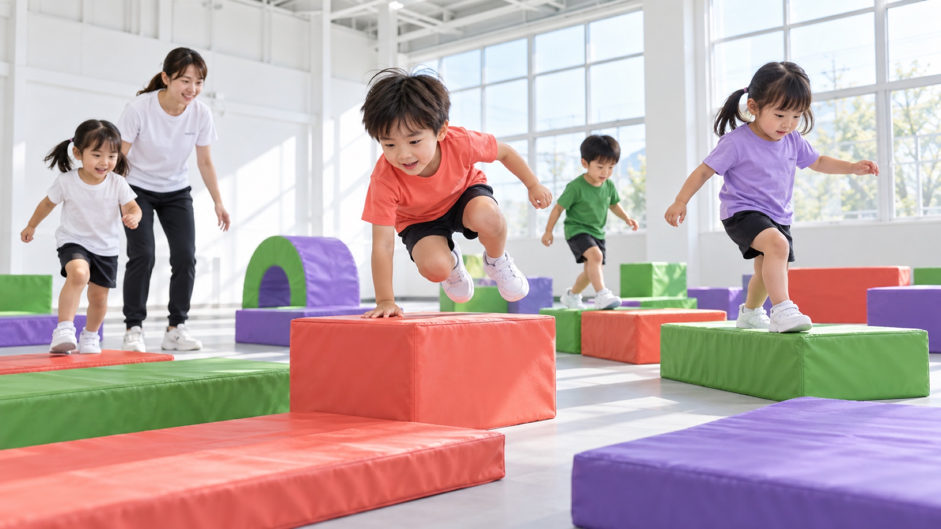 マットの上を走る幼児クラスの子どもたち