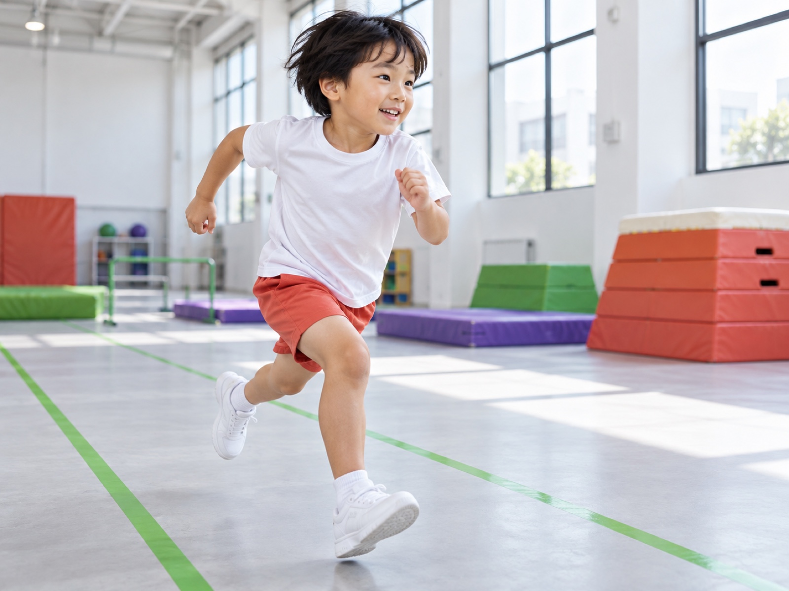 ラインの上を走る男の子